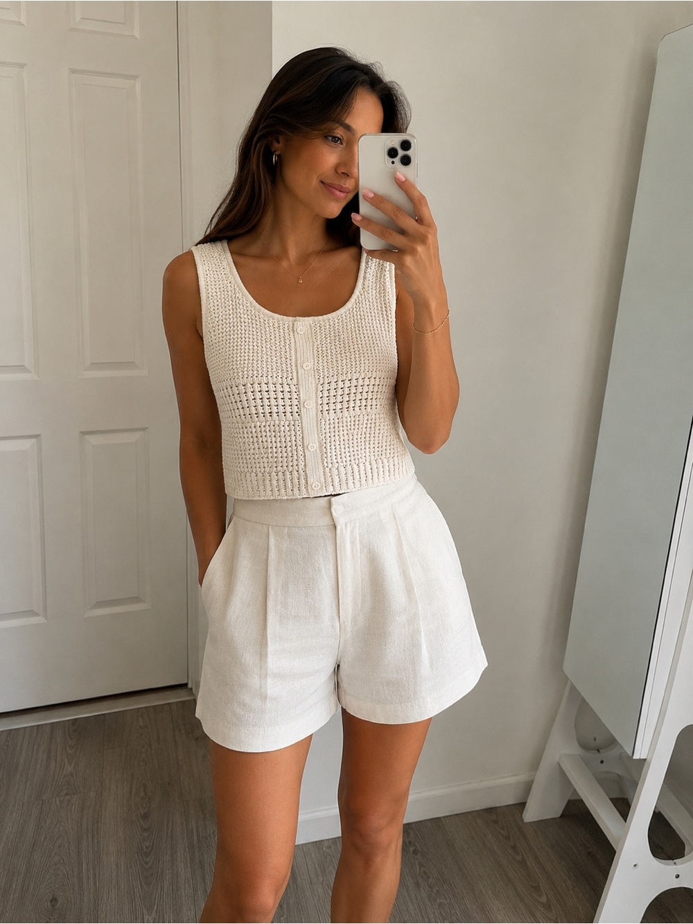 Design History Knit Tank Top Womens XL Cream Button Front Crochet Cottagecore